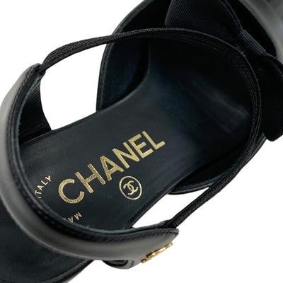 シャネル CHANEL パンプス 靴 シューズ レザー パテント ファブリック ブラック 黒 ゴールド ココマーク リボン スリングバック フラットシューズ