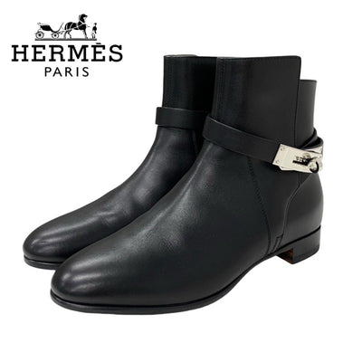 Hermes Neo Boots Short Boots Shoes Leather Black Silver Kelly Metal Fittings