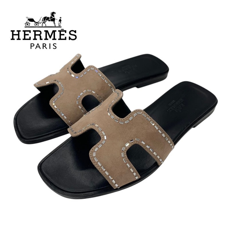 エルメス HERMES オラン サンダル 靴 シューズ スエード ピンクベージュ ミュール フラットサンダル ラインストーン