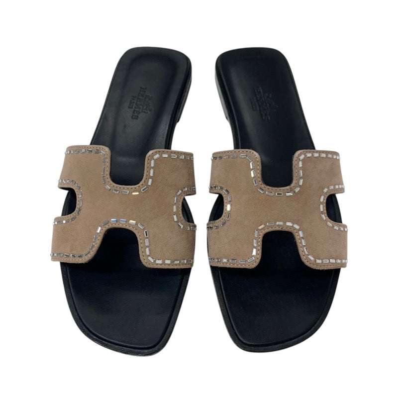 エルメス HERMES オラン サンダル 靴 シューズ スエード ピンクベージュ ミュール フラットサンダル ラインストーン