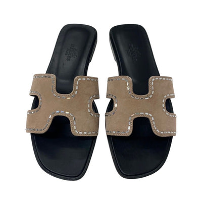 エルメス HERMES オラン サンダル 靴 シューズ スエード ピンクベージュ ミュール フラットサンダル ラインストーン