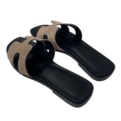 エルメス HERMES オラン サンダル 靴 シューズ スエード ピンクベージュ ミュール フラットサンダル ラインストーン