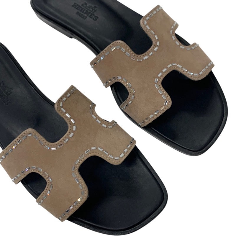 エルメス HERMES オラン サンダル 靴 シューズ スエード ピンクベージュ ミュール フラットサンダル ラインストーン