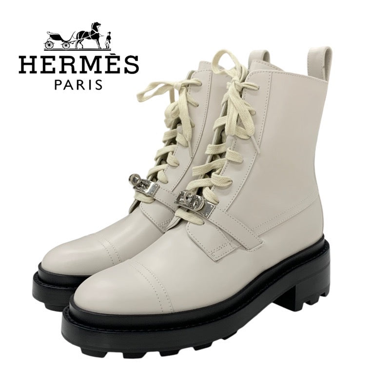 Hermes Funk Boots, Short Boots, Shoes, Leather, Ivory, Silver, Kelly Metal Fittings, Lace-up