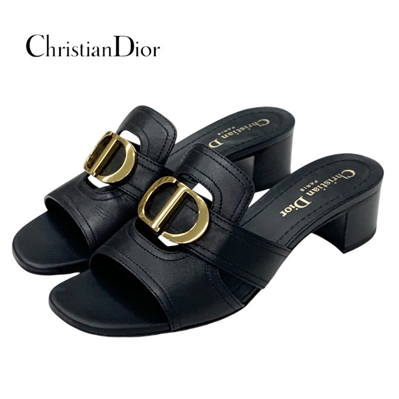 クリスチャンディオール CHRISTIAN DIOR 30 MONTAIGNE サンダル 靴 シューズ レザー ブラック 黒 ゴールド ロゴ ミュール