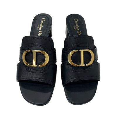 クリスチャンディオール CHRISTIAN DIOR 30 MONTAIGNE サンダル 靴 シューズ レザー ブラック 黒 ゴールド ロゴ ミュール