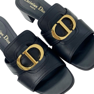 クリスチャンディオール CHRISTIAN DIOR 30 MONTAIGNE サンダル 靴 シューズ レザー ブラック 黒 ゴールド ロゴ ミュール