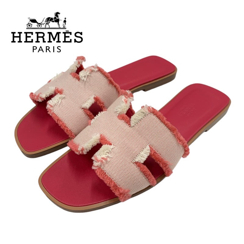 エルメス HERMES オラン サンダル 靴 シューズ ファブリック レザー ピンク フラットサンダル