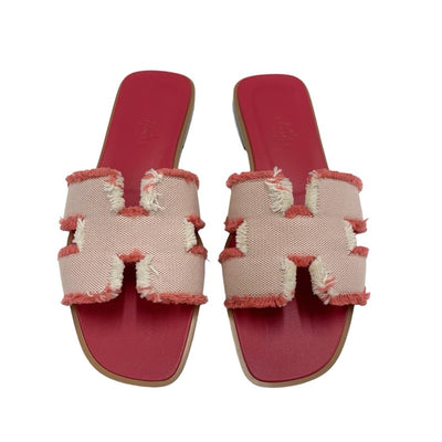 エルメス HERMES オラン サンダル 靴 シューズ ファブリック レザー ピンク フラットサンダル