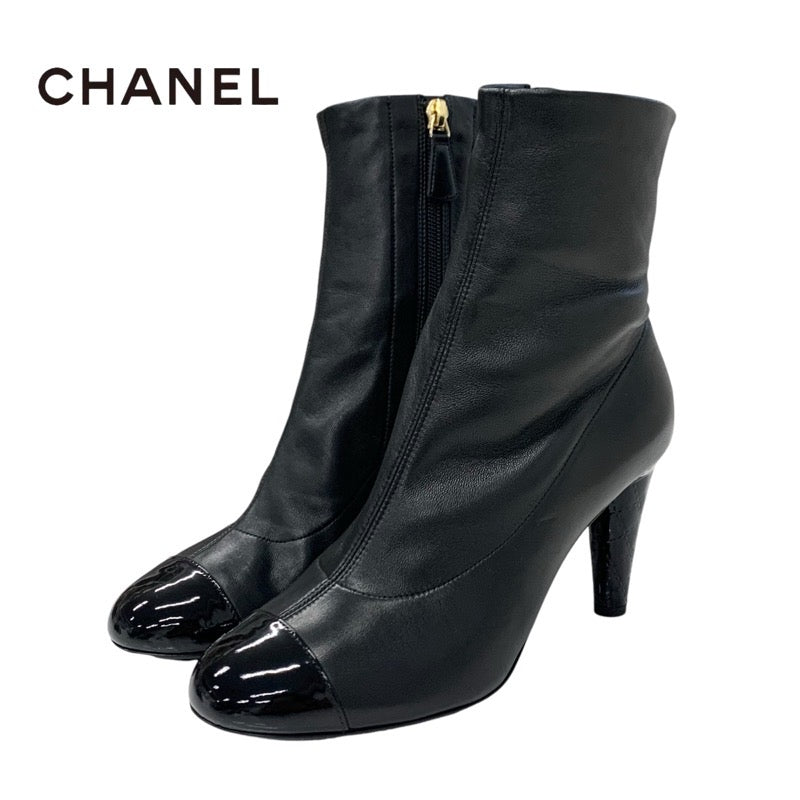 Chanel CHANEL boots, short boots, shoes, leather, patent, black, coco mark