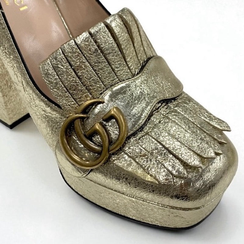 グッチ GUCCI パンプス 靴 シューズ レザー ゴールド GGマーモント フリンジ ダブルG