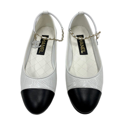 Chanel Flat Shoes Shoes Patent Leather White Black Ballet Shoes Ballerina Coco Mark Chain Metal Strap