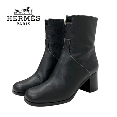 Hermes HERMES Flat Toe's Boots Short Boots Shoes Leather Black Stitching