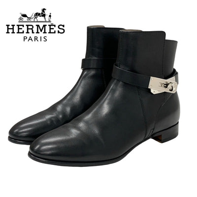 Hermes Neo Boots Short Boots Shoes Leather Black Silver Kelly Metal Fittings