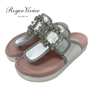 ロジェヴィヴィエ Roger Vivier サンダル 靴 シューズ レザー シルバー ピンク ストラスバックル ビジュー トングサンダル