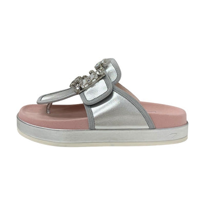 ロジェヴィヴィエ Roger Vivier サンダル 靴 シューズ レザー シルバー ピンク ストラスバックル ビジュー トングサンダル