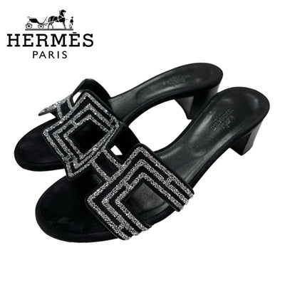 エルメス HERMES オアジス サンダル 靴 シューズ スエード ブラック シルバー ラインストーン ミュール