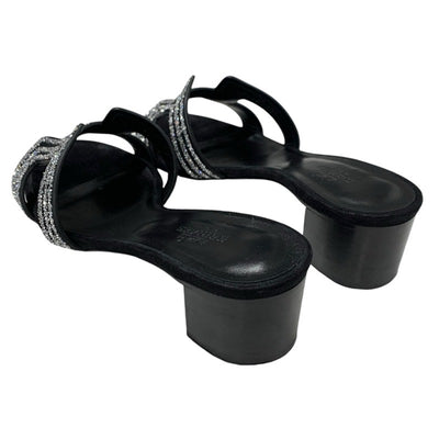 エルメス HERMES オアジス サンダル 靴 シューズ スエード ブラック シルバー ラインストーン ミュール