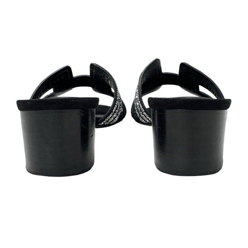 エルメス HERMES オアジス サンダル 靴 シューズ スエード ブラック シルバー ラインストーン ミュール