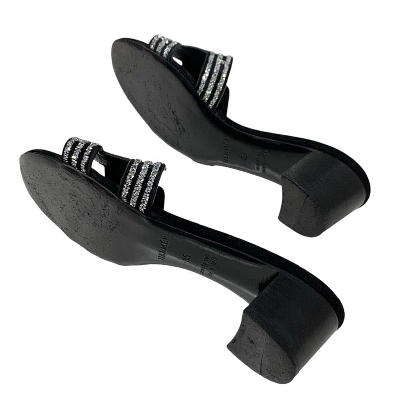 エルメス HERMES オアジス サンダル 靴 シューズ スエード ブラック シルバー ラインストーン ミュール