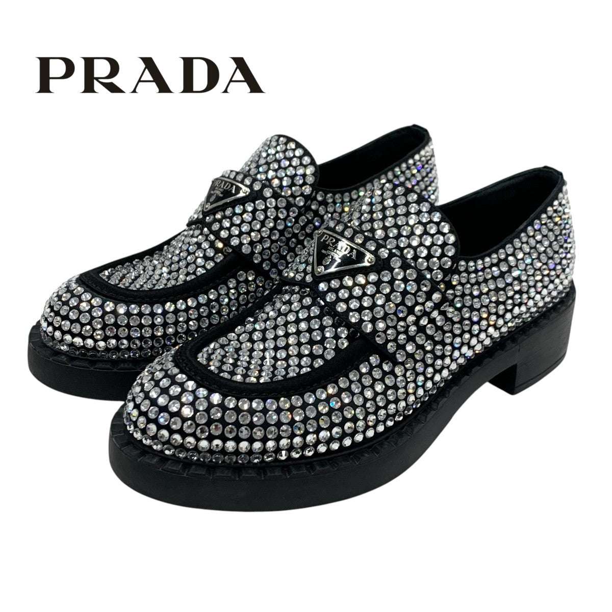 PRADA Loafers Leather Shoes Shoes Satin Black Crystal Rhinestone Logo Plate