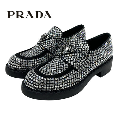 PRADA Loafers Leather Shoes Shoes Satin Black Crystal Rhinestone Logo Plate