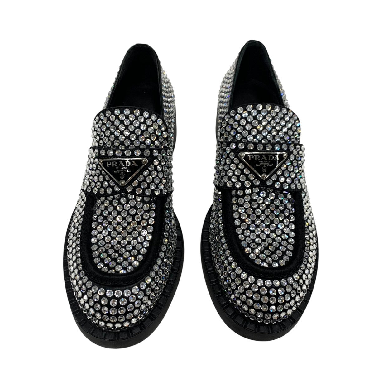 PRADA Loafers Leather Shoes Shoes Satin Black Crystal Rhinestone Logo Plate