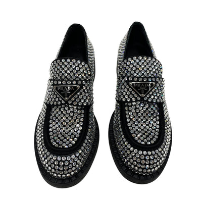 PRADA Loafers Leather Shoes Shoes Satin Black Crystal Rhinestone Logo Plate