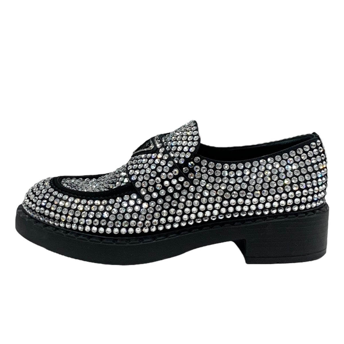 PRADA Loafers Leather Shoes Shoes Satin Black Crystal Rhinestone Logo Plate