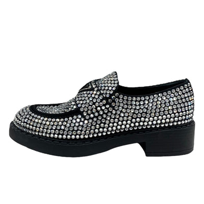 PRADA Loafers Leather Shoes Shoes Satin Black Crystal Rhinestone Logo Plate