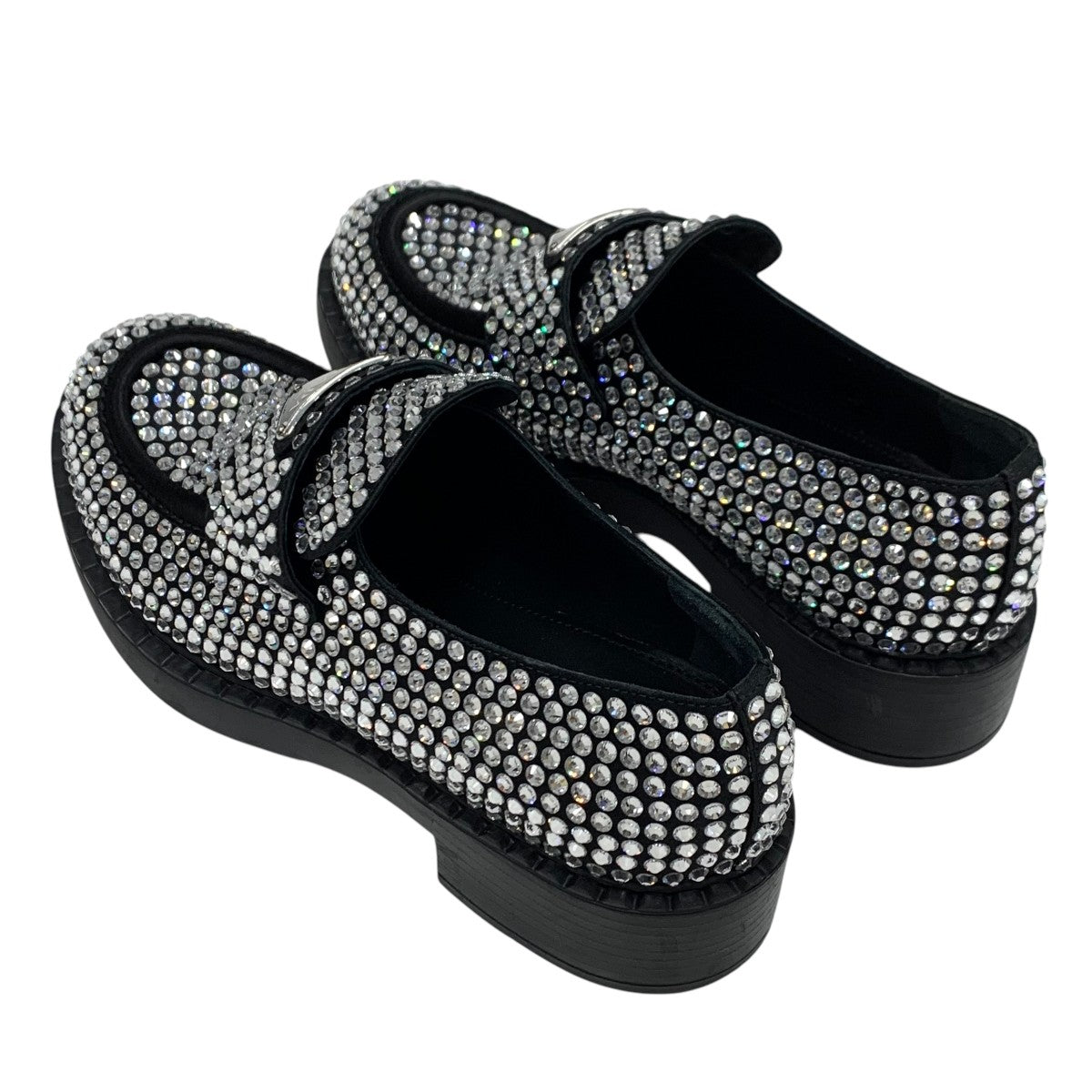 PRADA Loafers Leather Shoes Shoes Satin Black Crystal Rhinestone Logo Plate