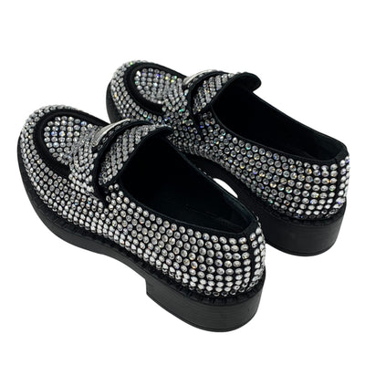 PRADA Loafers Leather Shoes Shoes Satin Black Crystal Rhinestone Logo Plate