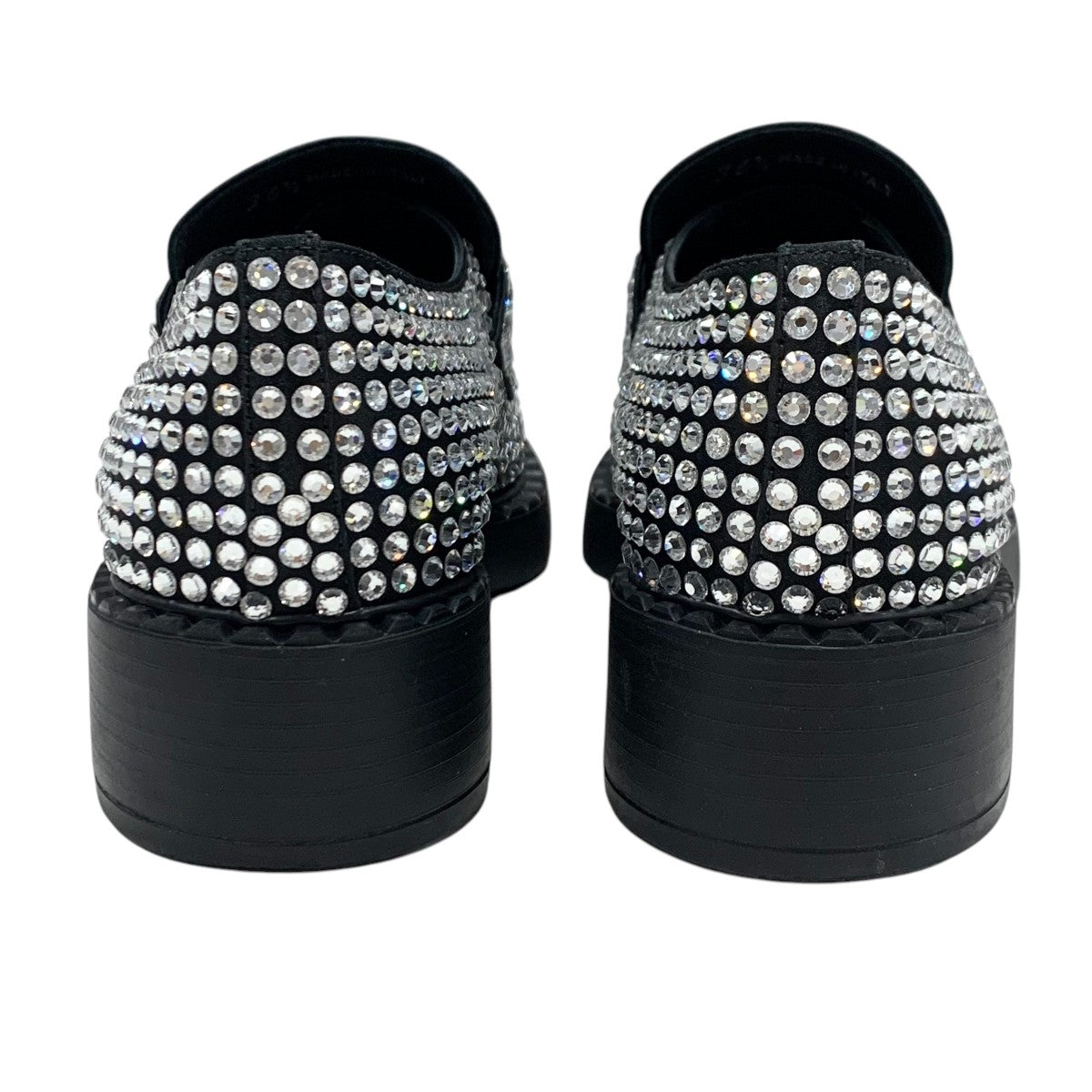 PRADA Loafers Leather Shoes Shoes Satin Black Crystal Rhinestone Logo Plate