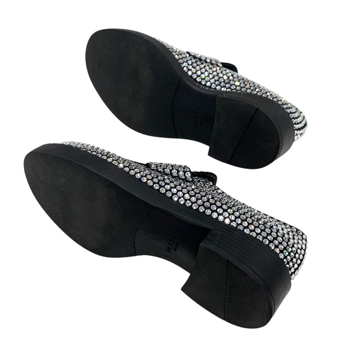 PRADA Loafers Leather Shoes Shoes Satin Black Crystal Rhinestone Logo Plate