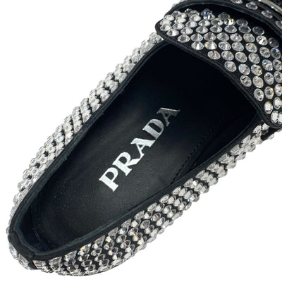 PRADA Loafers Leather Shoes Shoes Satin Black Crystal Rhinestone Logo Plate