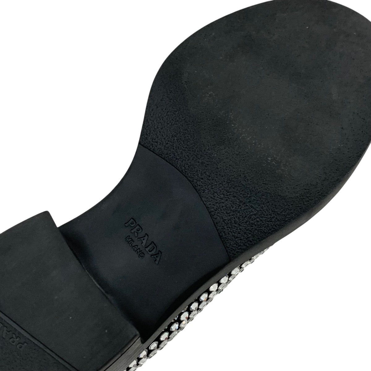 PRADA Loafers Leather Shoes Shoes Satin Black Crystal Rhinestone Logo Plate