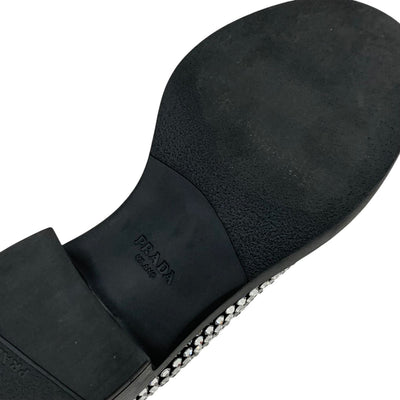 PRADA Loafers Leather Shoes Shoes Satin Black Crystal Rhinestone Logo Plate