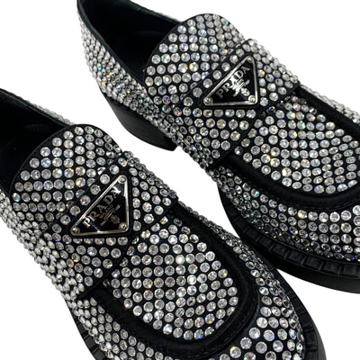 PRADA Loafers Leather Shoes Shoes Satin Black Crystal Rhinestone Logo Plate