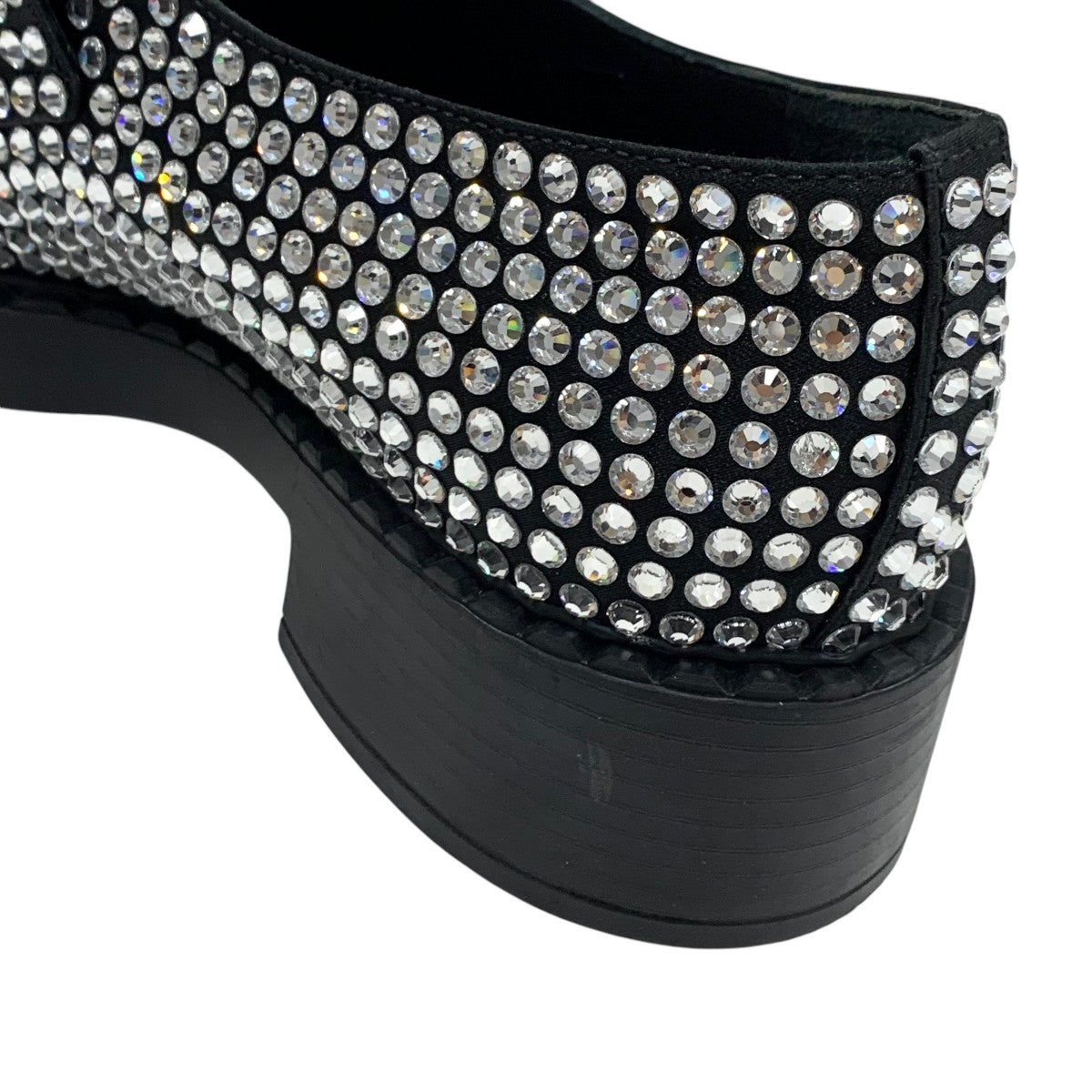 PRADA Loafers Leather Shoes Shoes Satin Black Crystal Rhinestone Logo Plate