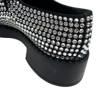 PRADA Loafers Leather Shoes Shoes Satin Black Crystal Rhinestone Logo Plate