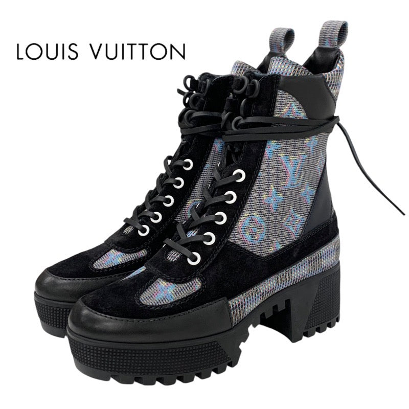 LOUIS VUITTON Lauriat Line Monogram Boots Short Boots Shoes Leather Suede Black Multicolor Ankle Boots Lace-up