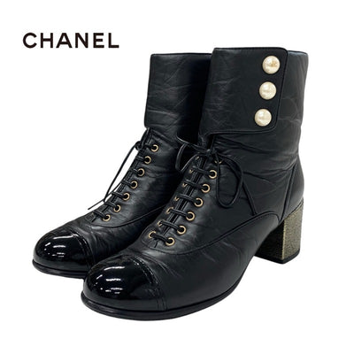 Chanel CHANEL boots, short boots, shoes, leather, black, coco mark, pearl, lace-up, wrinkled finish