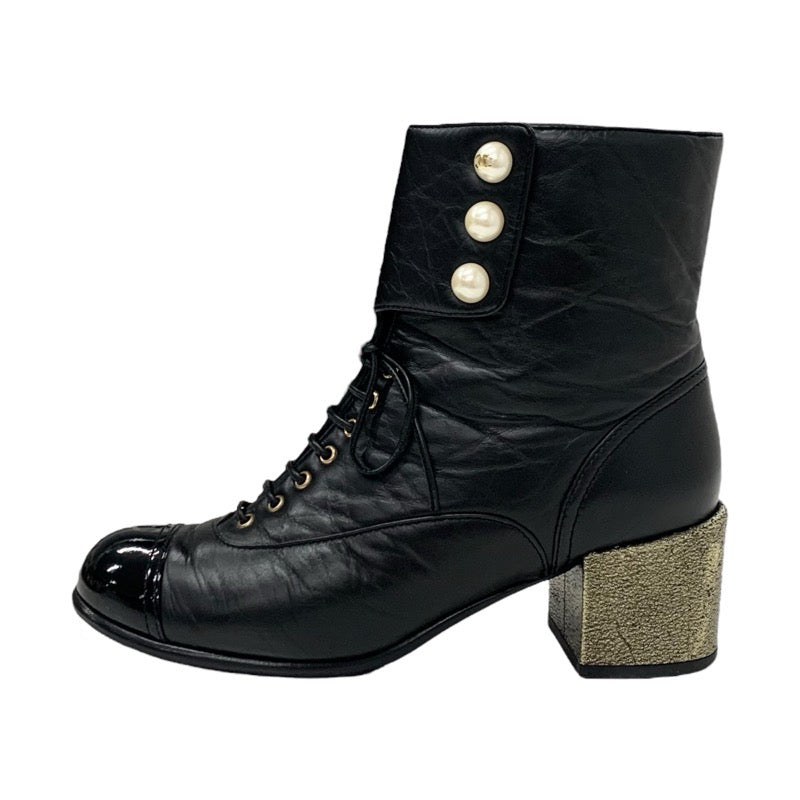 Chanel CHANEL boots, short boots, shoes, leather, black, coco mark, pearl, lace-up, wrinkled finish