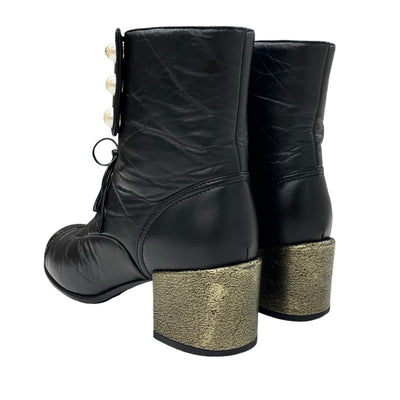 Chanel CHANEL boots, short boots, shoes, leather, black, coco mark, pearl, lace-up, wrinkled finish