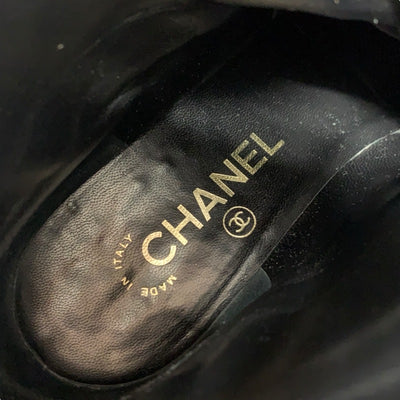 Chanel CHANEL boots, short boots, shoes, leather, black, coco mark, pearl, lace-up, wrinkled finish