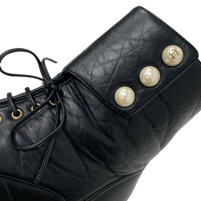 Chanel CHANEL boots, short boots, shoes, leather, black, coco mark, pearl, lace-up, wrinkled finish