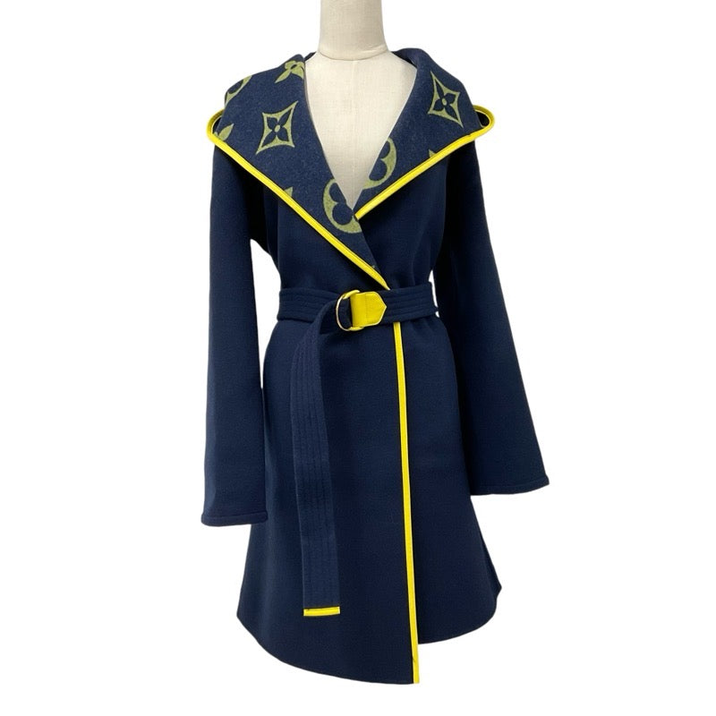 Louis Vuitton LOUIS VUITTON outerwear navy yellow monogram belted double face hooded wrap coat