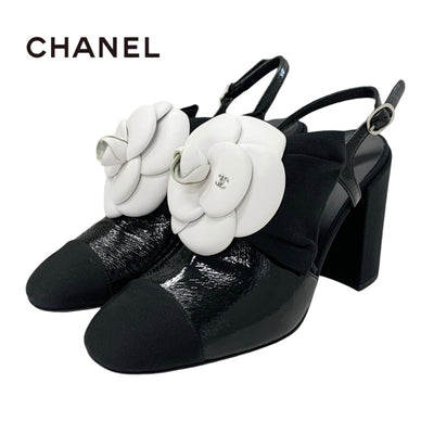 Chanel CHANEL Pumps, Shoes, Leather, Patent Fabric, Black, White, Unused, Coco Mark, Slingback, Camellia, Sandals, Wrinkle