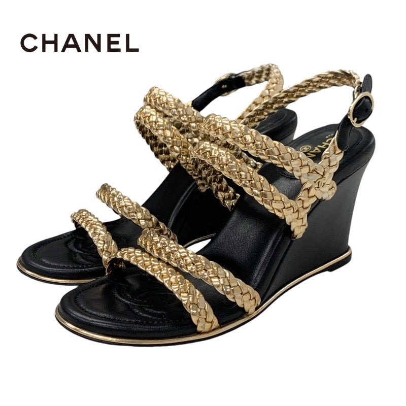 シャネル CHANEL サンダル 靴 シューズ レザー ブラック ゴールド 黒 ココマーク 編み込み ストラップ
