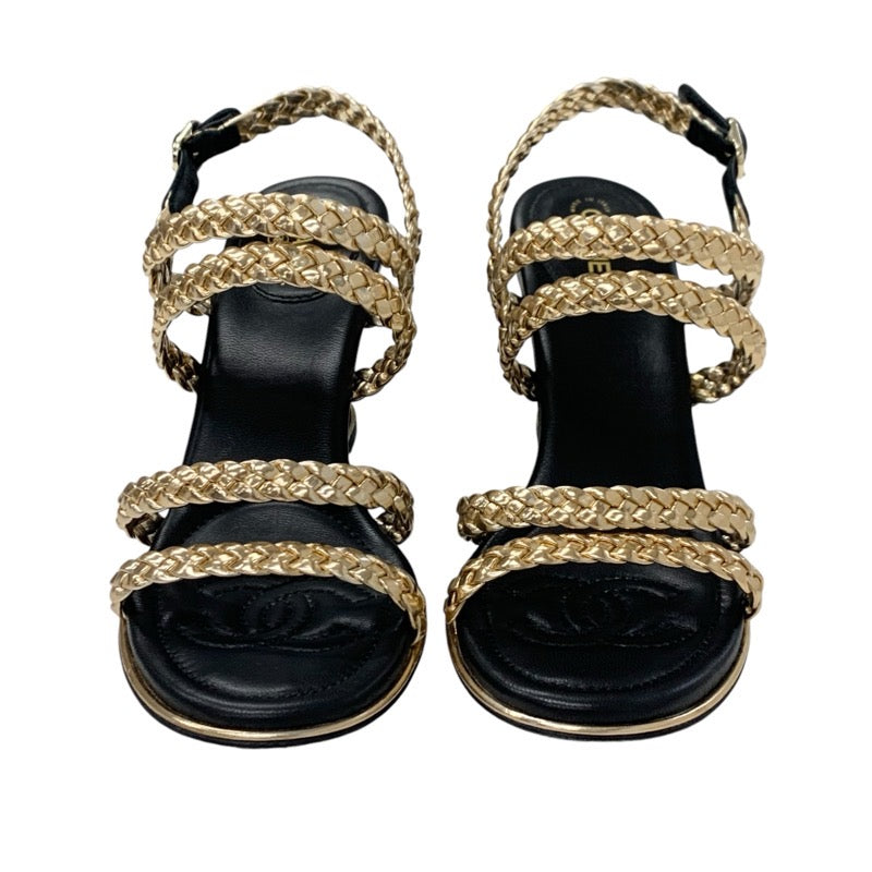 シャネル CHANEL サンダル 靴 シューズ レザー ブラック ゴールド 黒 ココマーク 編み込み ストラップ